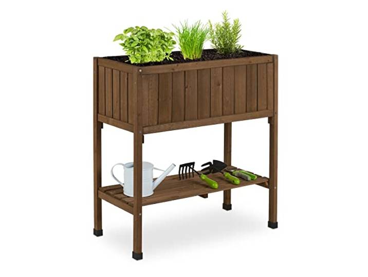 Relaxdays moestuinbak op poten, folie, opbergruimte: 80 x 74 x 38 cm, bruin