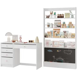 Schreibtisch Bücherregal Set 120x45x74 mit Stauraum 5-Zonen-System schlankem Regal 100x10x180 Arbeitszimmer Tisch Aufbewahrung weiß