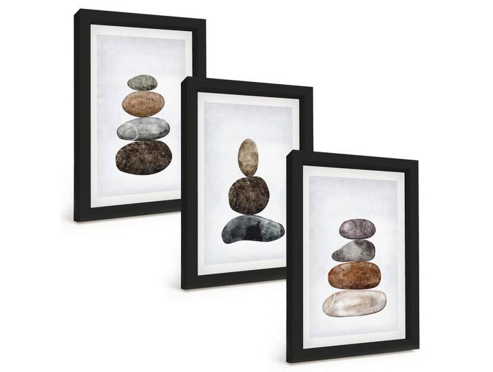 Tulup Bilder SET 3er Set - 20x30 cm Schwarzer Rahmen - Minimalistische Boho-Steine, Kunststoff, Rechteckig, 20x30 cm, gerahmt, Bilder & Rahmen, Bilder