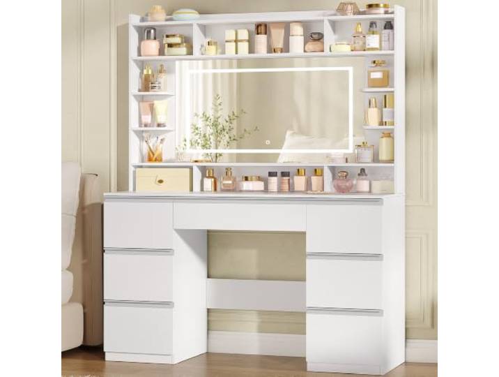 Hzuaneri Schminktisch mit Spiegel, Schminktisch mit LED-beleuchtung Weiß Schminktisch mit Großzügigem Stauraum, Beleuchtung, 3-farbig Verstellbar, 7 Schubladen und Offenen Ablagefächern DT45203XEU
