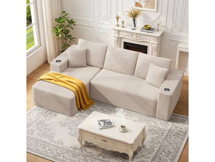 Scisola Modulares Cord Sofa 102 /261cm L-förmiges rahmenloses Sofa mit Chaiselongue, Cloud Couch ohne Knochen mit 2 Getränkehaltern, Schaumstoff Sofas für Wohnzimmer, Beige