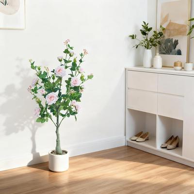 YUN 120cm Artificial Rose Tree with White Pot, Lifelike Faux Flower Plant for Indoor Outdoor Decor