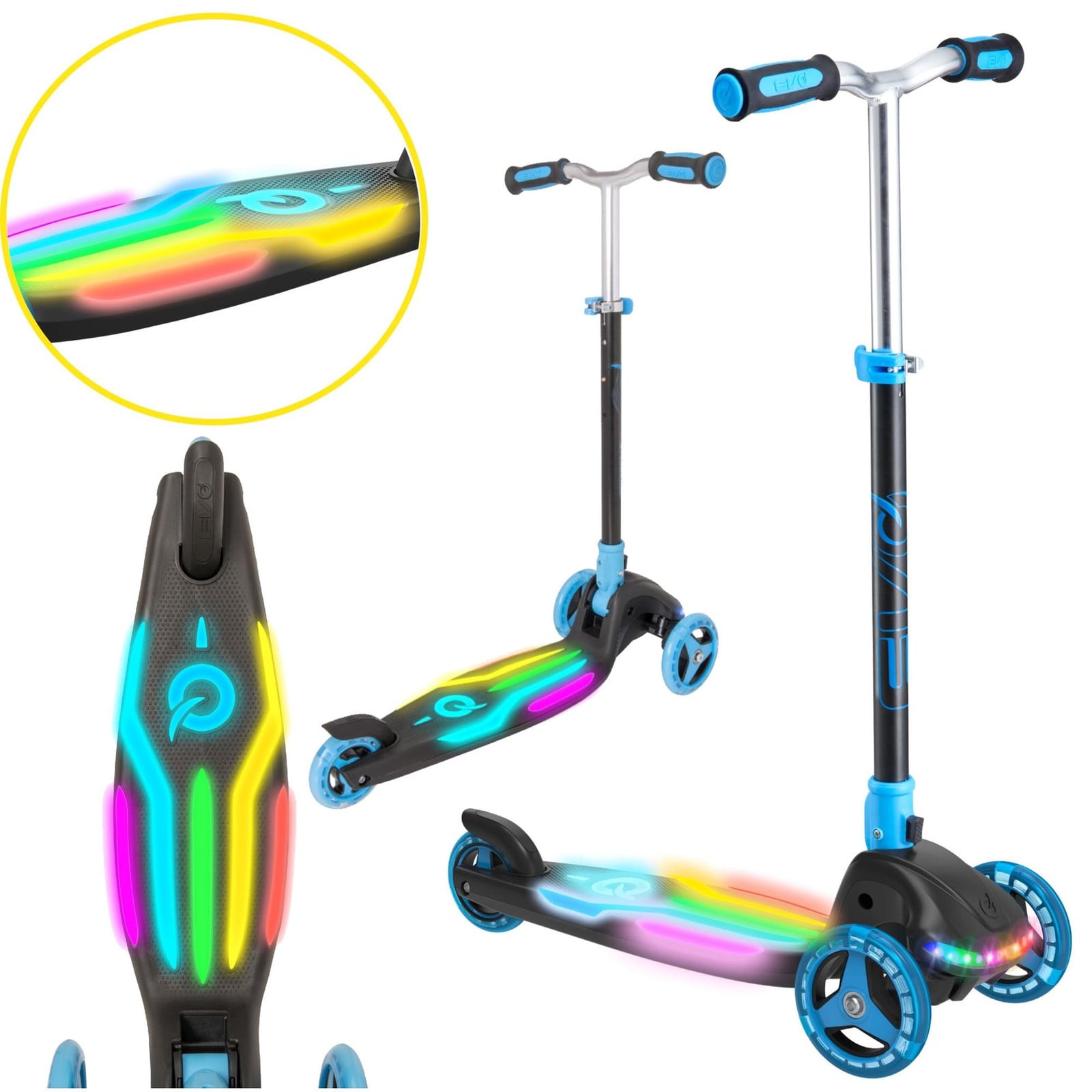 EVO Rainbow Blast opvouwbare en verstelbare driewieler voor kinderen, blauw, mini cruiser met lichtgevend platform