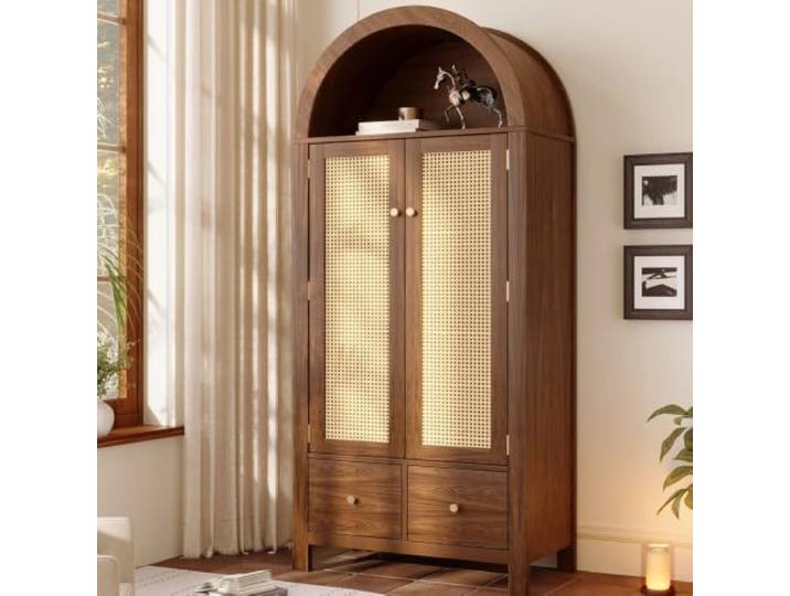 RAPRAP Kleiderschrank Holz mit Bogenform & Rattan, 181x78x45cm Kleiderschrank mit Schubladen, 2 Türen mit Magnetverschluss, Kleiderstange und Kippsicherung Für Schlafzimmer & Flur,Walnuss,C
