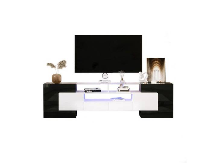 Meuble TV élégant panneau bas. Blanc et noir brillant 200 cm éclairage LED meuble de salon Armoire TV Élégante surface en verre