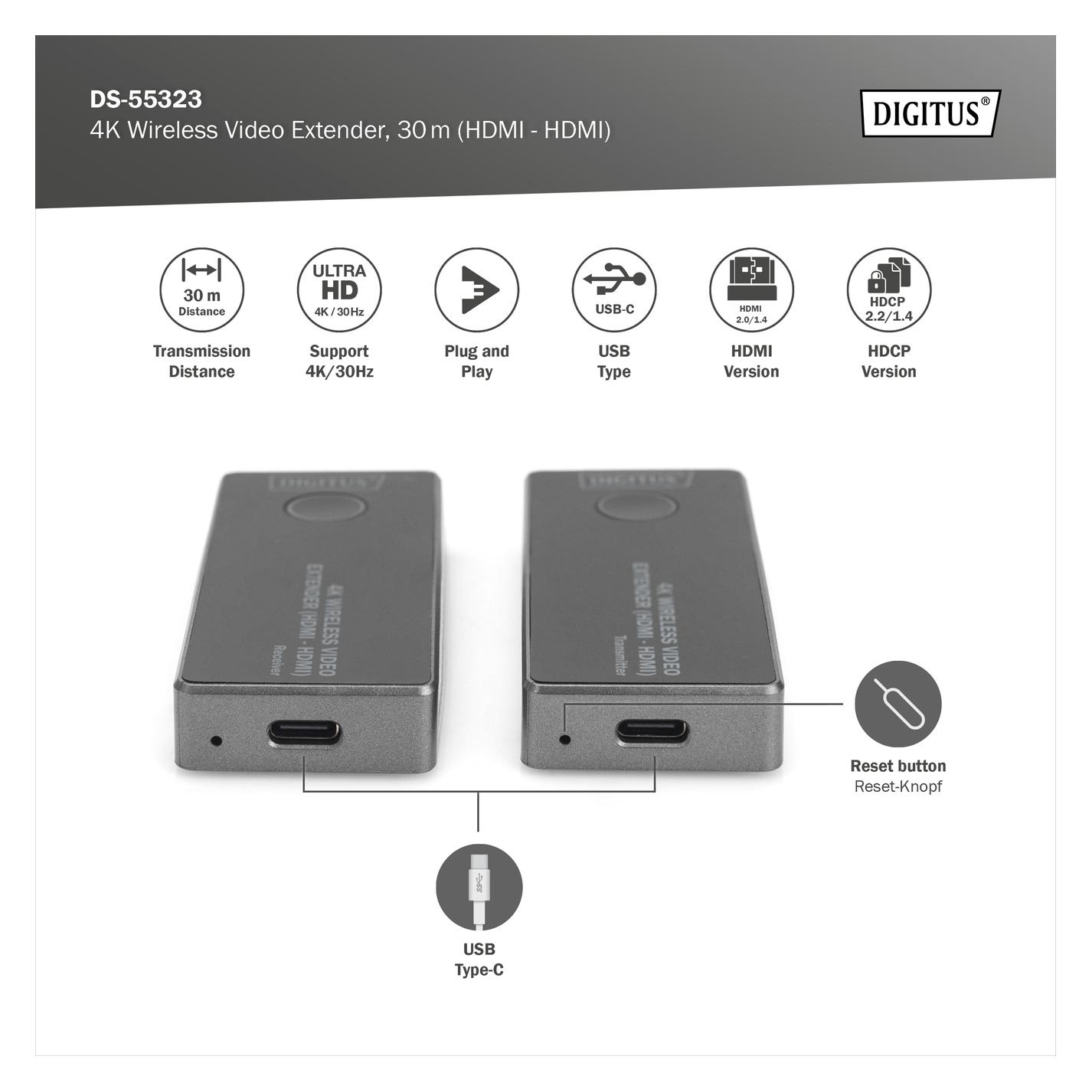 Digitus 4K Wireless HDMI Extender Set (30 m, HDMI 1.4a, HDMI 2.0) (DS-55323)