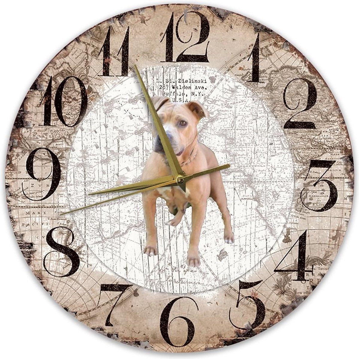 Houten klok met hond motief - Amerikaanse Stafford - Diameter: 30 cm