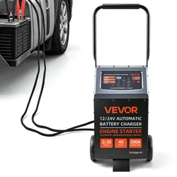 VEVOR Fahrbares Autobatterieladegerät 12 / 24 V 200 / 100 A mit Starthilfe für Pkw, SUVs, Leichte Nutzfahrzeuge und Transporter, 9-Stufiges Automatisches Laden für Blei-Säure- und Lithiumbatterie