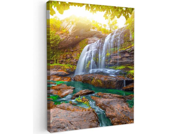 MuchoWow Leinwandbild - Natur - Wasserfall - Pflanzen - Bäume - Sonne - 60x80 - Gemälde, Olivgrün, Textil, Kiefer, Abstrakt, Rechteckig, 60x80 cm, gerahmt, Bilder & Rahmen, Bilder, Wandbilder
