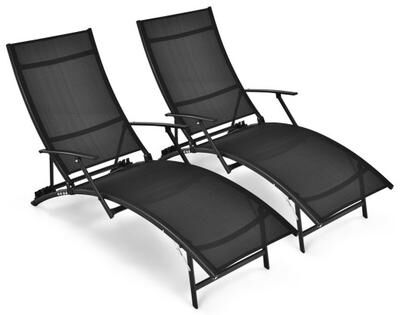 Costway 2 Pieces Patio Folding Stackable Lounge Chair Chaise with Armrest-Black