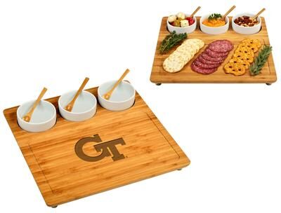 Picnic at Ascot "NCAA Georgia Tech Yellow Jackets Bamboo Charcuterie Board Set with Ceramic Bowls - 13"" x 13"""