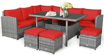 Costway 7 Pieces Patio Rattan Dining Furniture Sectional Sofa Set with Wicker Ottoman-Red