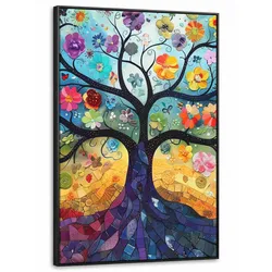 LEINWAND Bilder mit Rahmen - Kunst - Baum des Lebens - Blumen - Hippie - 100x150