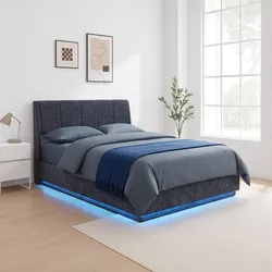 LED Polsterbett Tröstiar 140x200 cm Leinen Blau [en.casa]