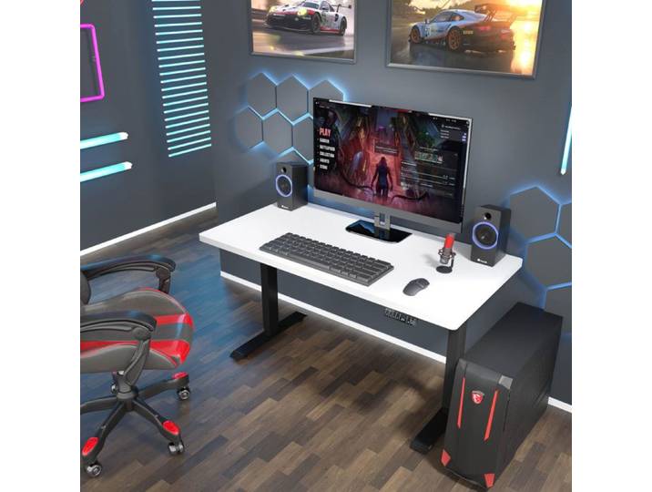 Bureau Électrique Réglable HOMLANDO BIMOTION 1S – 140x70 cmx2 5cm Blanc & Noir avec Port USB Hauteur 73–120 cm