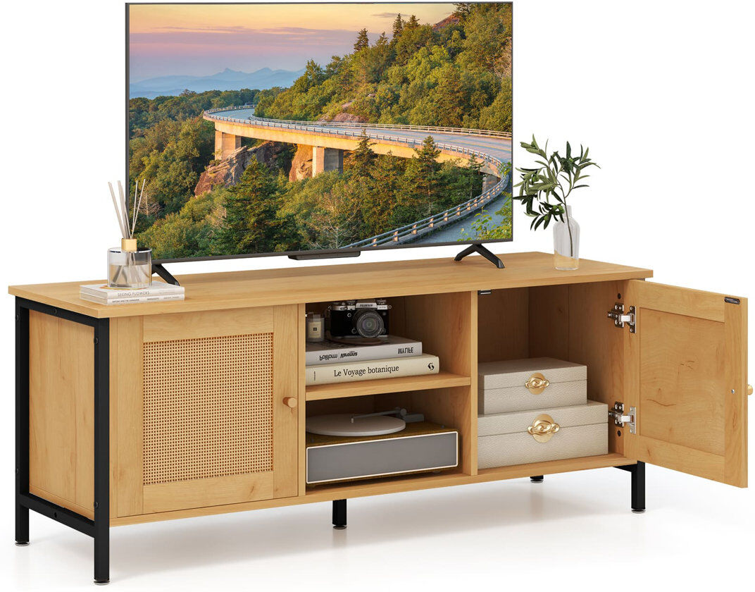 Bay Isle Home Boho TV Stand For Tvs Up To 55” PE Rattan Media Console Table- Black/Oak Wood 55"