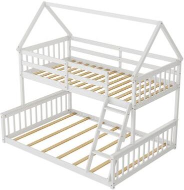 Costway Twin Over Full House Bunk Bed with Ladder and Guardrails-White