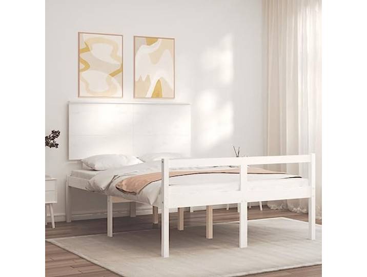 KTHLBRH Bett für Senioren mit Kopfteil weiß 120 x 200 cm Massivholz Sitzhöhe 45 cm, Unterbettbereich 35 cm, Latten aus Sperrholz, Montage erforderlich
