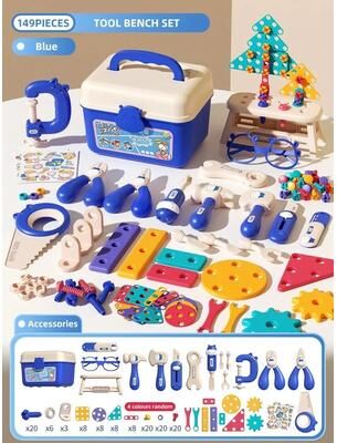 Uplifted Goods Kids Construction Tool Set With Electric Toy Drill 149pcs Blue No Drill