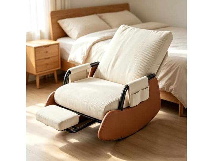 Ergonomischer Ruhesessel mit Ausziehbarer Fußstütze Ergonomischer Schaukelstuhl mit ausziehbarer Fußstütze und Seitentasche für tägliche Entspannung.