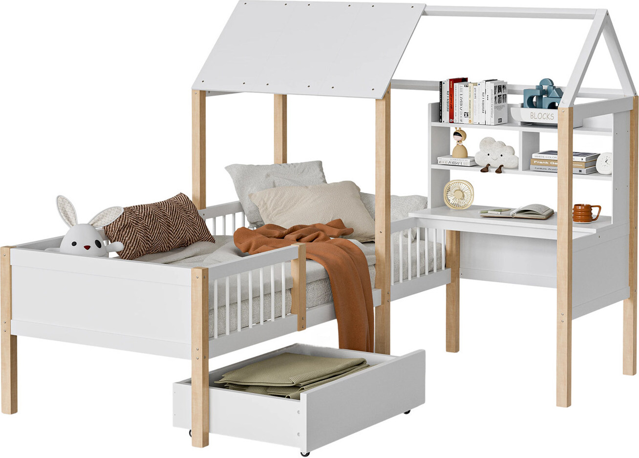 Kinderbett mit Rausfallschutz und Lattenrost,L-förmigem Schreibtisch und Bücherregal,Schubladen mit Rollen,multifunktionales Hausbett aus Massivholz