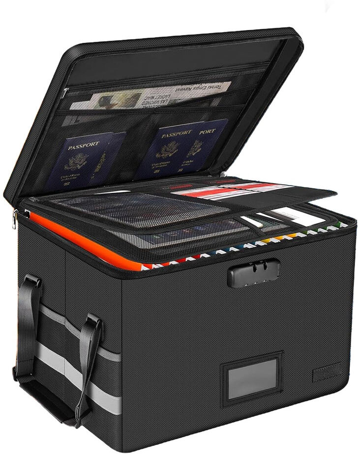 Luch Fireproof Document Box, Waterproof File Organiser Box With Lock Black 26.7cm H X 40.6cm W X 31.8cm D