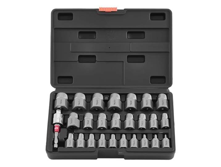 VEVOR Kit Extracteur de Vis Cassée 27PCs\, Outils d'Extraction de Boulons Endommagés\, pour Réparation Domicile Atelier\, à Tête Hexagonale et Cannelures Multiples\, avec Adaptateurs et Coffret Noir
