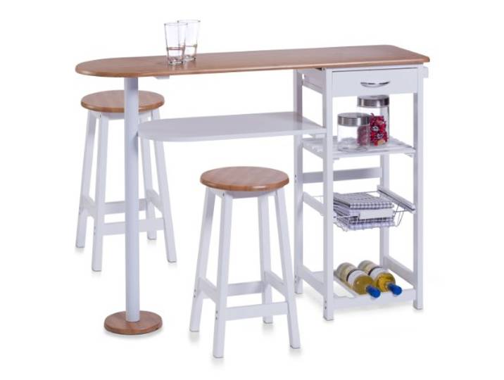 Zeller 13776 Küchenbar mit 2 Hockern, Mitteldichte Holzfaserplatte (MDF), Tisch: 118 x 38 x 89 cm, Hocker: 29 x 29 x 54 cm, weiß/Bamboo-Dekor