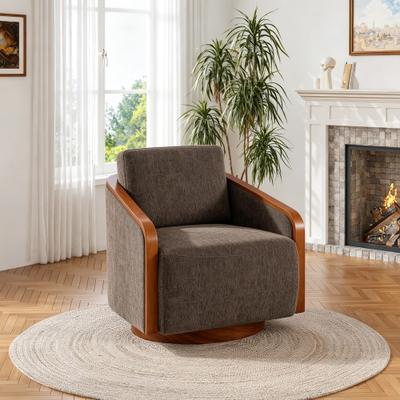 Uixe Upholstered Swivel Barrel Chair with Curved Wood Arms