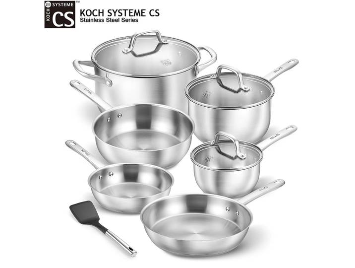 Ensemble de casseroles et poêles en acier inoxydable KOCH SYSTEME CS, 10 pièces, poêle antiadhésive, casserole à soupe, casserole à lait, ensemble de batterie de cuisine compatible induction
