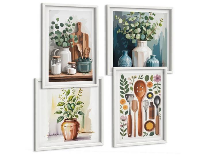 BILDER SET 4er Set - 50x50 cm & 40x60 cm Weißer Rahmen - Küchenaccessoires auf pflanzlicher Basis