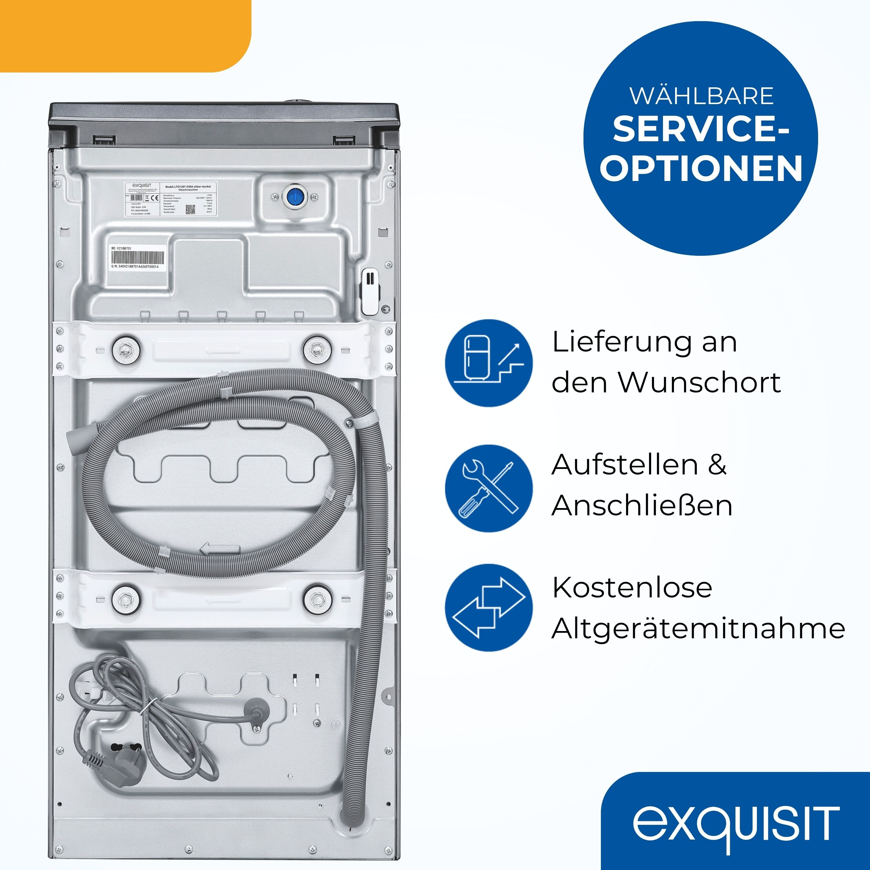 EXQUISIT Waschmaschine, Energieeffizienz: A, grau (silberfarben), B:400cm H:870cm T:640cm, Waschmaschinen, Rückenschonend: bequem von oben zu beladen mit softer Türöffnung, Waschmaschine