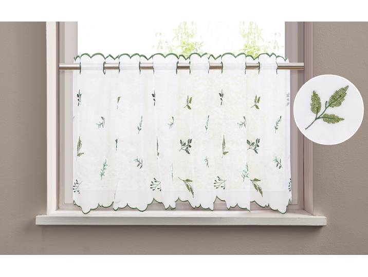 Scheibengardine GOODPRODUCT Alphonse Gr. 1, grün, B:90cm H:30cm, Voile, Polyester, Gardinen, Scheibengardine, Bestickt, floral, gemustert, schöne Haptik