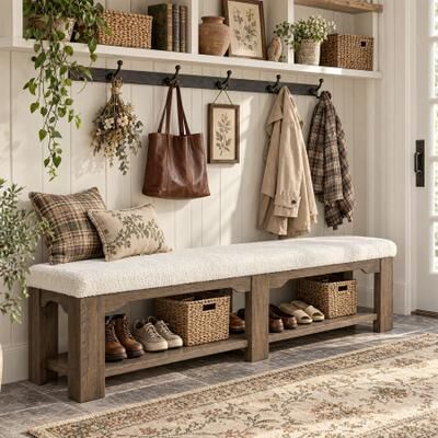 BLUEBELL "71"" Extra Long Entryway Bench with Shoe Storage, Farmhouse Upholstered Shoe Bench with Cushion, 2-Tier Wooden Storage Bench"