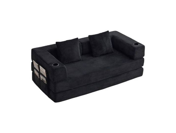 Canapé compressé convertible- Lit/sol- Velours côtelé- Poche + porte-gobelets- Noir- Sans montage- Pour salon chambre studio
