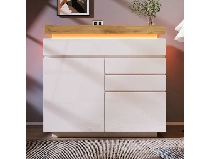 Commode - LANGTU - Commode 2 portes 3 tiroirs LED - Brillant blanc - 115 x 110 x 39 cm - Sans poignée