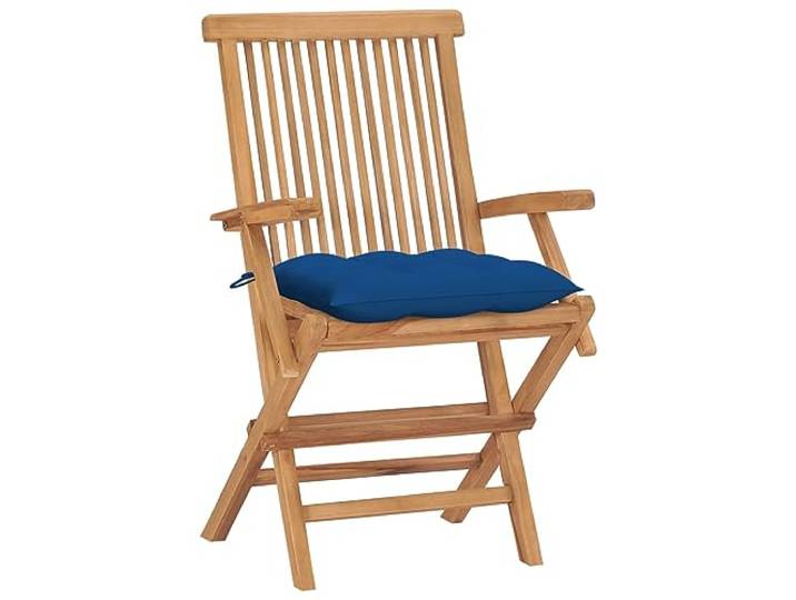 SKTQYQO Set mit 4 klappbaren Gartenstühlen mit blauen Kissen Massives Teakholz, mit Armlehnen, 5 Kissen inklusive, max. 110 kg pro Stuhl