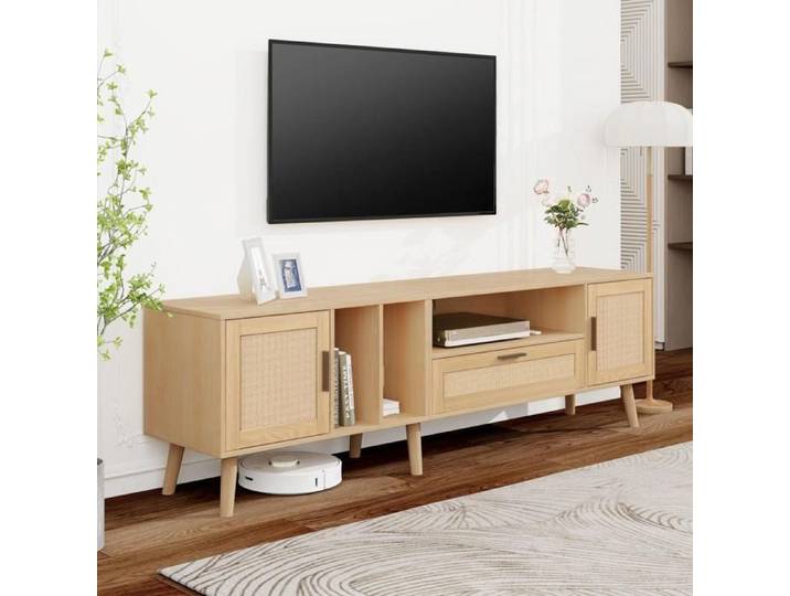 Meuble TV de 180 cm avec décoration en rotin 2 portes et un tiroir