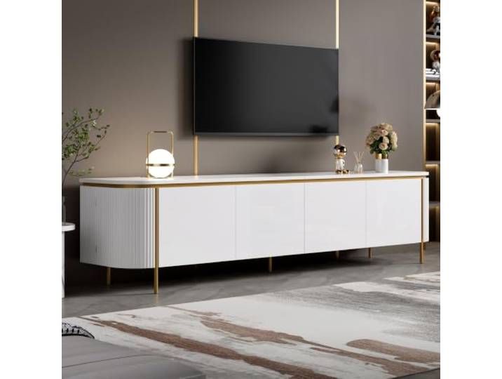 Crlnaup TV Lowboard Fernsehschrank TV Board MDF Eisenfüße 6 Türen abgerundete Enden Riffel Kabeldurchlass Wohnzimmer
