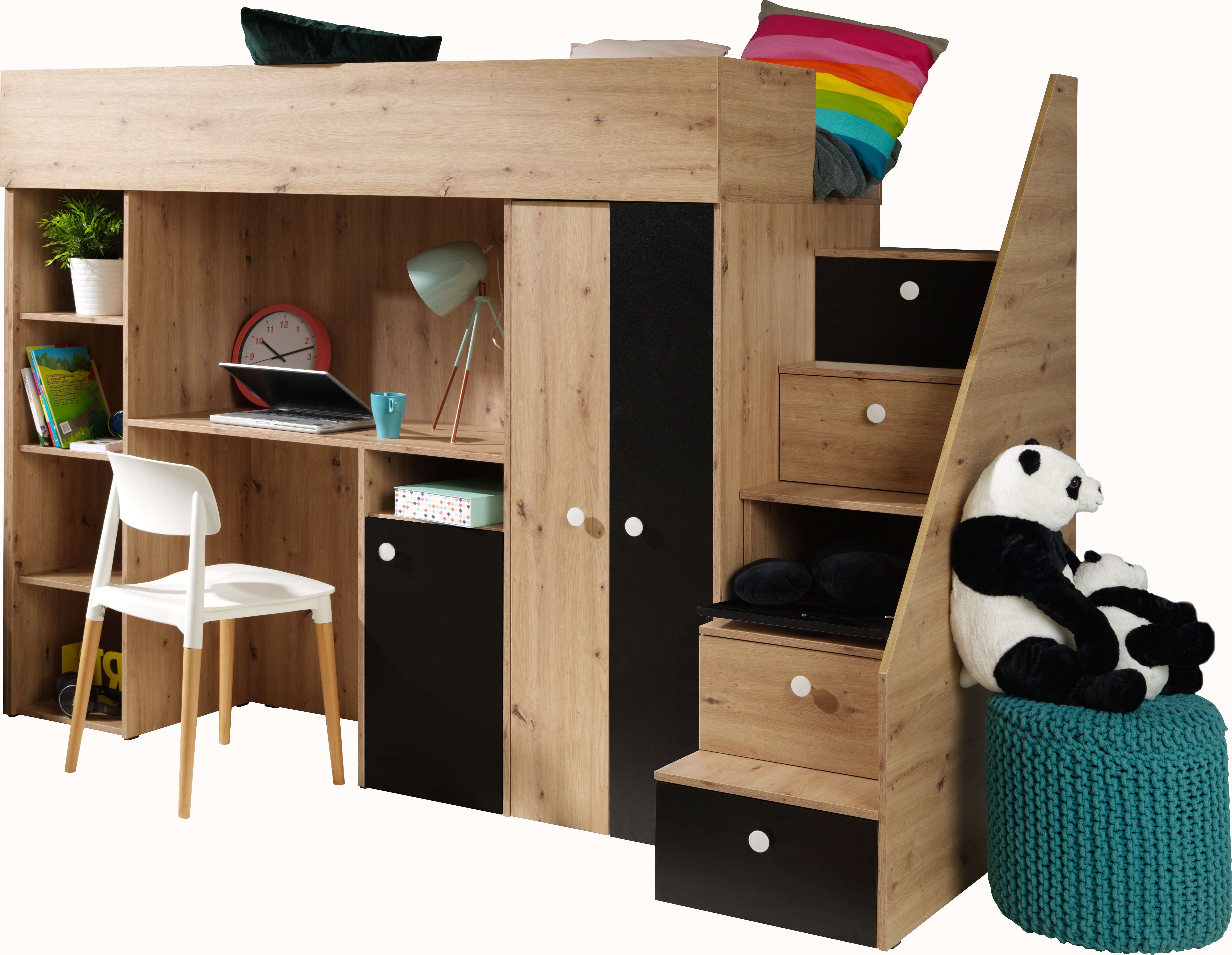Etagenbett für Kinder SMART 14 Stockbett mit Treppe, Kleiderschrank und Schreibtisch (Artisan Eiche + Schwarz matt)