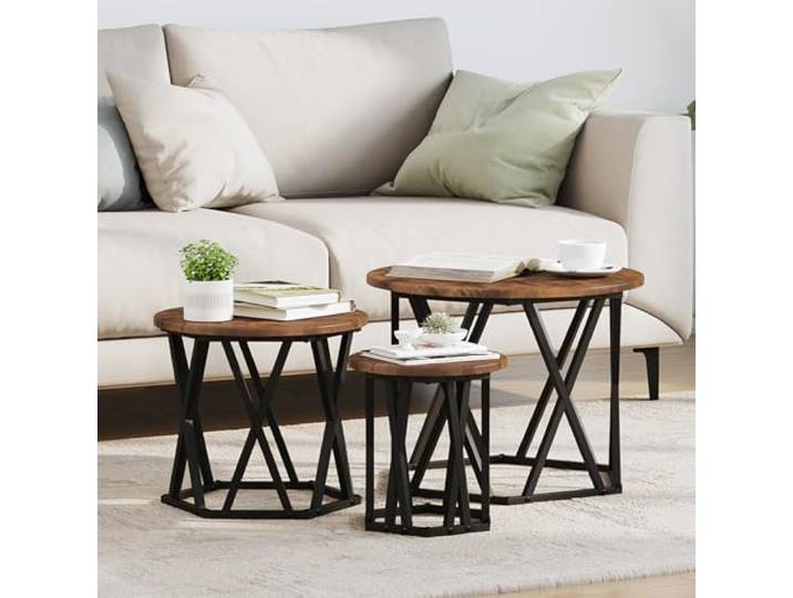 HEFZGDB Satztische 3 STK. Räuchereiche Holzwerkstoff Couchtisch Set Industrieller Stil mit Massivholz Eisen Konstruktion für Wohnzimmer Dekoration