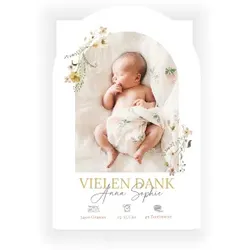Dankeskarte Baby: Blumiger Torbogen mit Foto in Weiß