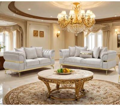 Furniture of America Ospray IV Glam 2-Piece Beige Upholstered Sofa Set with Stainless Steel Frame
