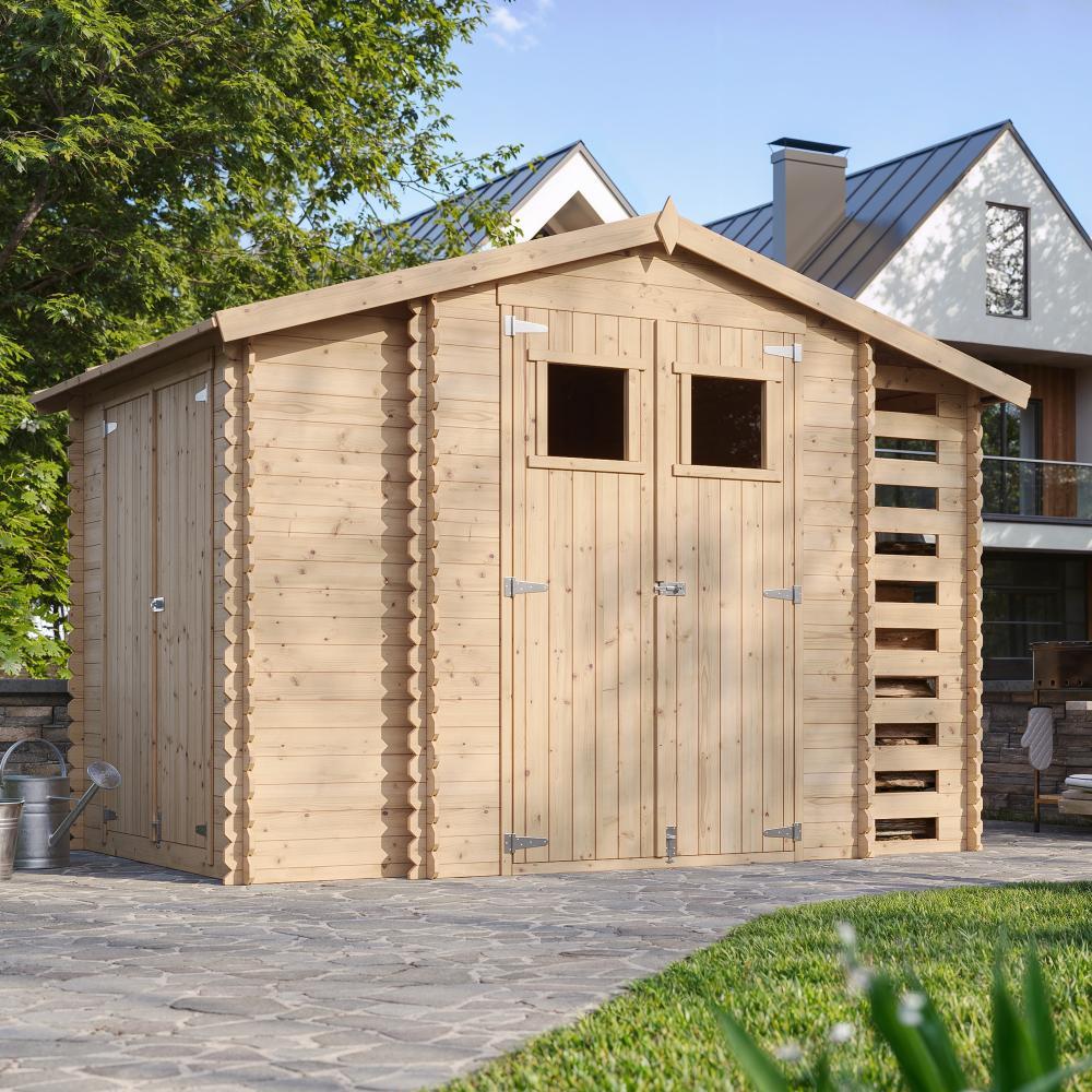 Holzhaus Gartenhaus mit Brennholzschuppen TIMBELA M389 - Gartenschuppen Holz B328xL206xH218 cm/ 3,53 + 0,97 + 0,97 m2 - Wasserfestes Dach