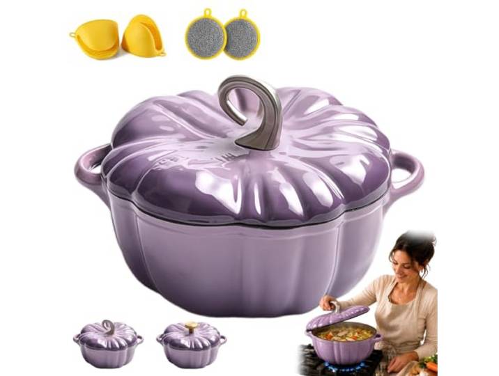 Kürbistopf Zum Kochen Induktion, Gusseisen-Topf in Kürbisform mit Deckel Kürbis Kochtopf, Kochtopf Kürbisform, Dekorativer Topf in Herbstlicher Gestaltung, für Backofen, Herdarten Geeignet(B-25cm)