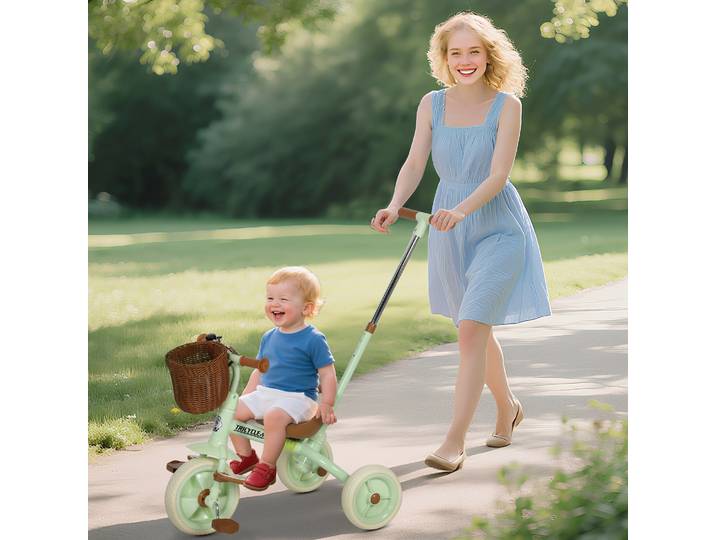 AIYAPLAY Tricycle 2-en-1 Bébé 2-5 Ans avec Barre Parentale Vert