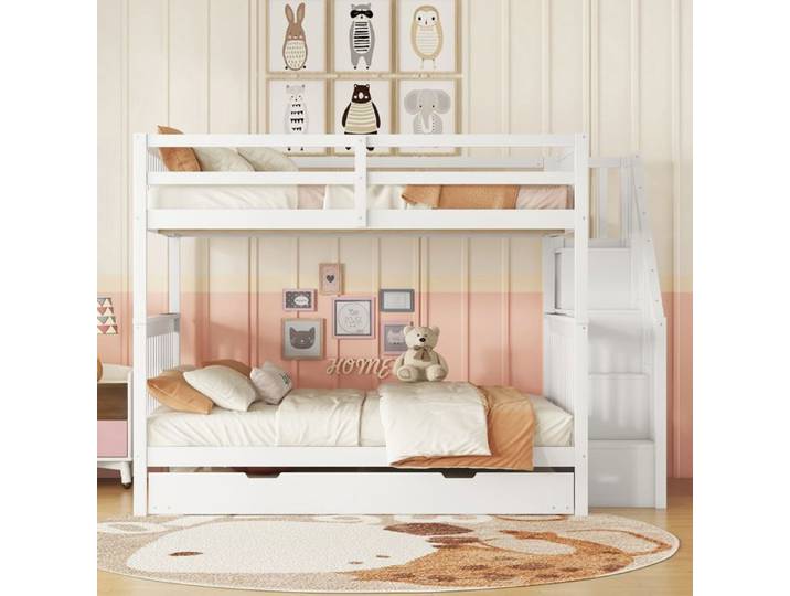 Lit superposé 140 x 200 cm avec lit gigogne 90x190cm lit superposé en bois avec étagère d'escalier avec balustrade haute blanc