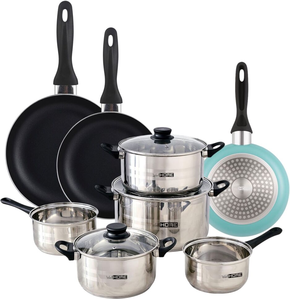 WellHome Batería de cocina de acero inox con sartenes celeste ø16,20,24cm