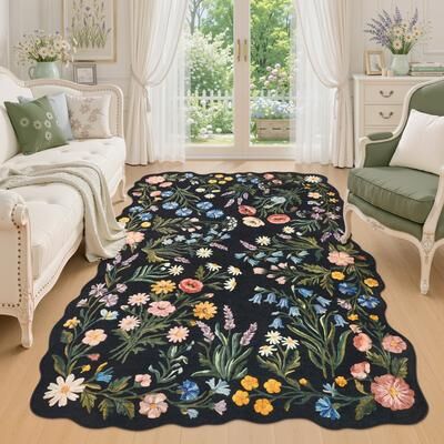 BLUEBELL Floral Scalloped Machine Washable Area Rug, Non Slip Faux Wool Botanical Carpet