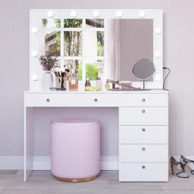 Boahaus Lighted Makeup Vanity Desk With Crystal knobs and 7 Drawers